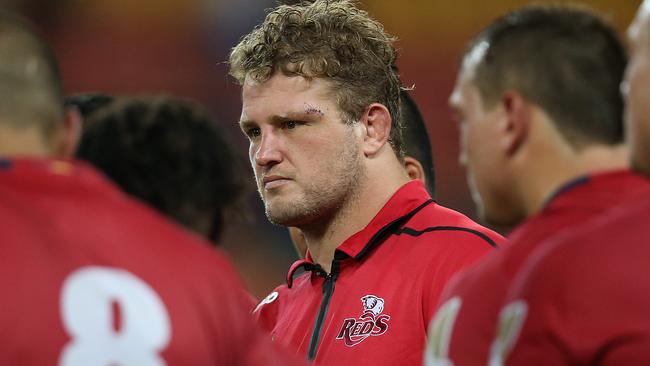 Former Reds captain James Slipper speaks to his team at Suncorp Stadium.