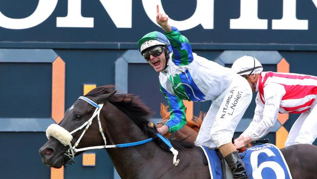 Luke Nolen is all smiles after guiding I Wish I Win to victory in the TJ Smith Picture: Jeremy Ng/Getty Images