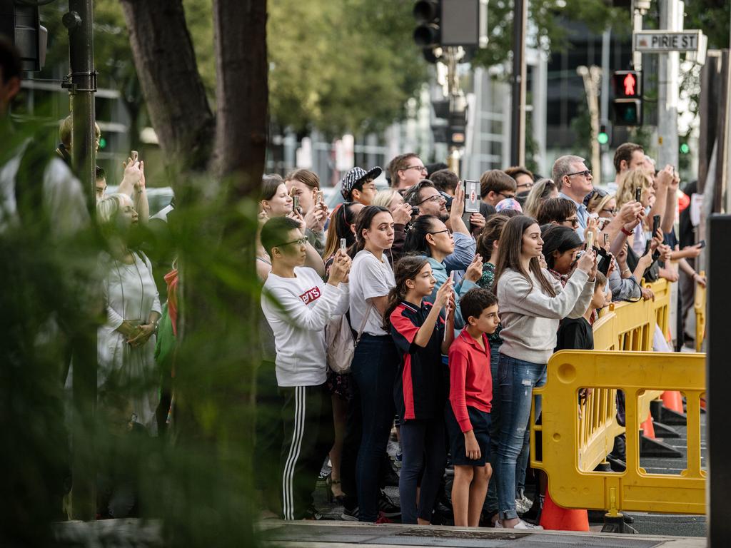 A crowd is keen to see Daniel Radcliffe on set during the filming of “Escape From Pretoria” in Pirie St, Adelaide. Picture: Morgan Sette/The Advertiser