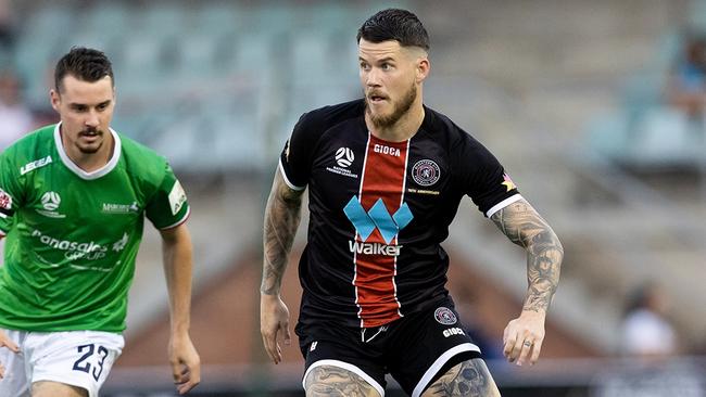 Match action in the NPLNSW Men's between Marconi Stallions and Blacktown City FC at Marconi Stadium. Photo: Damian Briggs/FNSW