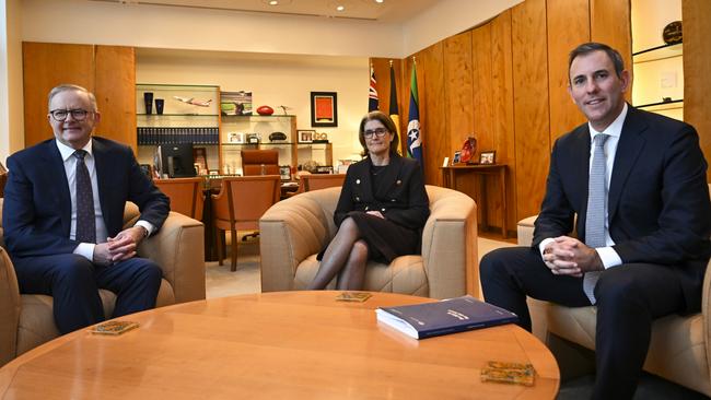 Anthony Albanese, incoming RBA governor Michele Bullock and Treasurer Jim Chalmers speak during a meeting at Parliament House in Canberra on Friday.