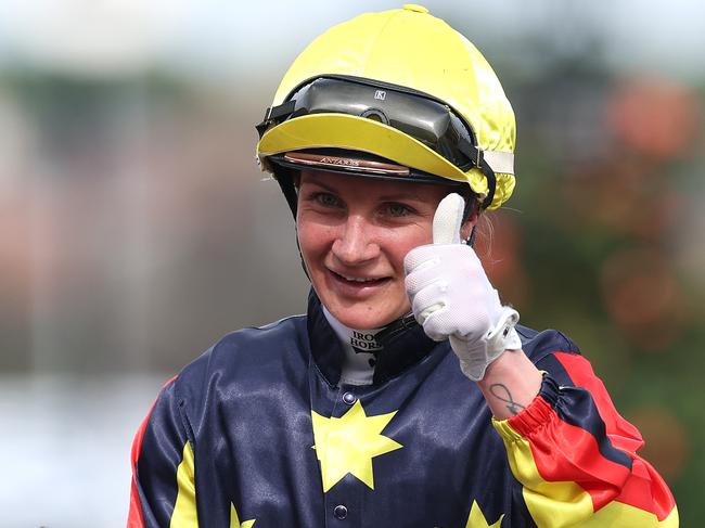 MELBOURNE, AUSTRALIA - NOVEMBER 02: Jamie Kah riding Goldrush Guru celebrates after winning Race 7 the Penfolds Victoria Derby during 2024 Penfolds Victoria Derby Day at Flemington Racecourse on November 02, 2024 in Melbourne, Australia. (Photo by Daniel Pockett/Getty Images)