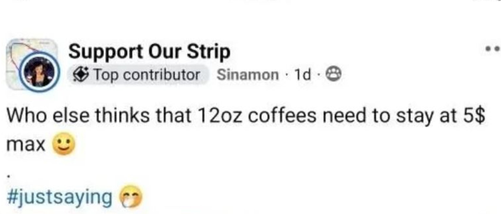 The owner of Perth’s popular ‘Sinamon’ cafe chain took to a community Facebook group to boast about the low price of his coffees. Picture: Facebook