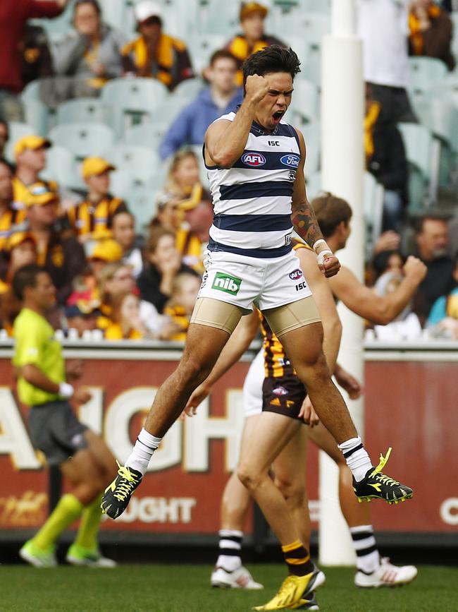 Allen Christensen celebrates a goal early for Geelong in a clash against Hawthorn in 2013.