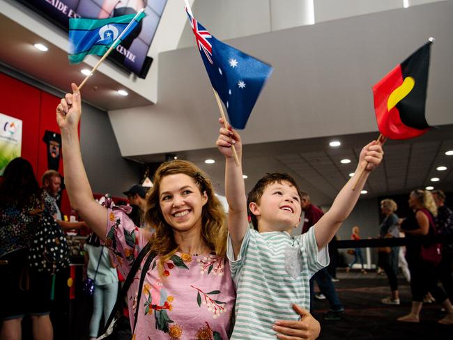 Magarey and Ashton Avalon, 6, from Tanunda at the Aus Day in the Arena at Adelaide Entertainment Centre in Adelaide, Tuesday, January 26, 2021. (The Advertiser/ Morgan Sette)