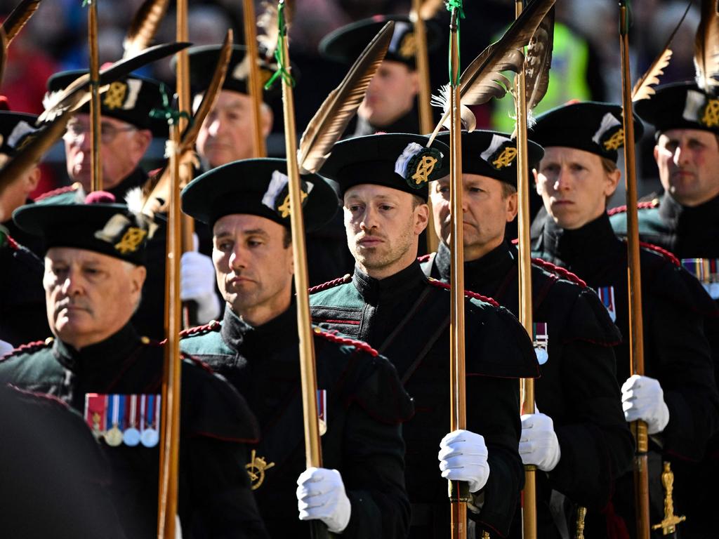 The Royal Company of Archers, The King's Bodyguard for Scotland arrive at St Giles' Cathedral, in Edinburgh. Picture: AFP