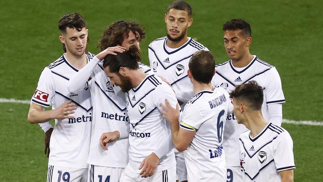 MELBOURNE, AUSTRALIA – MAY 28: Jacob Butterfield of the Victory (C) celebrates a goal during the A-League match between Western United and Melbourne Victory at AAMI Park, on May 28, 2021, in Melbourne, Australia. (Photo by Daniel Pockett/Getty Images)