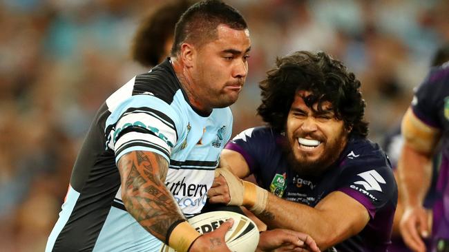 Andrew Fifita on the charge for the Sharks in the NRL grand final. Picture: Gregg Porteous