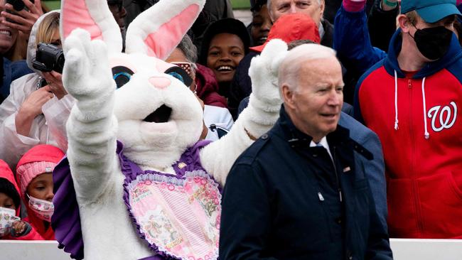 The Easter bunny waves Joe Biden away from guests during the annual Easter egg roll. Picture: AFP.