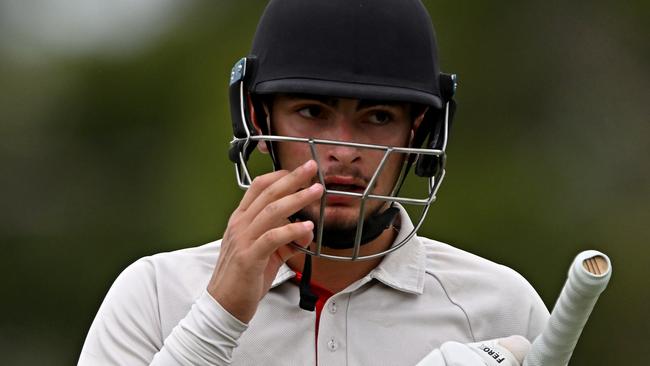 EssendonÃs Farzan Chowna after being dismissed during the Victorian Premier Cricket Northcote v Essendon match at Bill Lawry Oval in Northcote, Saturday, Feb. 25, 2023.Picture: Andy Brownbill