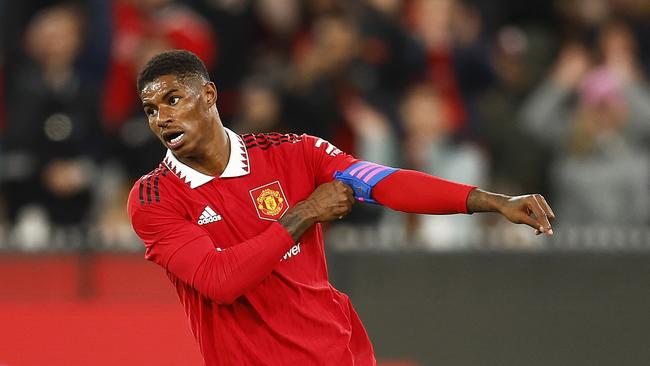 Marcus Rashford of Manchester United celebrates a goal. Picture: Daniel Pockett/Getty Images