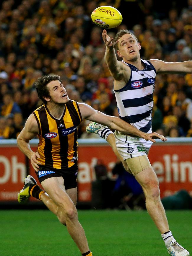 Isaac Smith’s Hawks just beat out Joel Selwood’s Cats in the 2013 preliminary final. Picture by Colleen Petch.