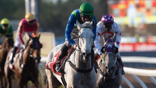 Jockey Peter Hall rode Ihtsahymn to victory in the Darwin Cup on Monday – but no Labor ministers were in attendance to watch. Picture: Che Chorley