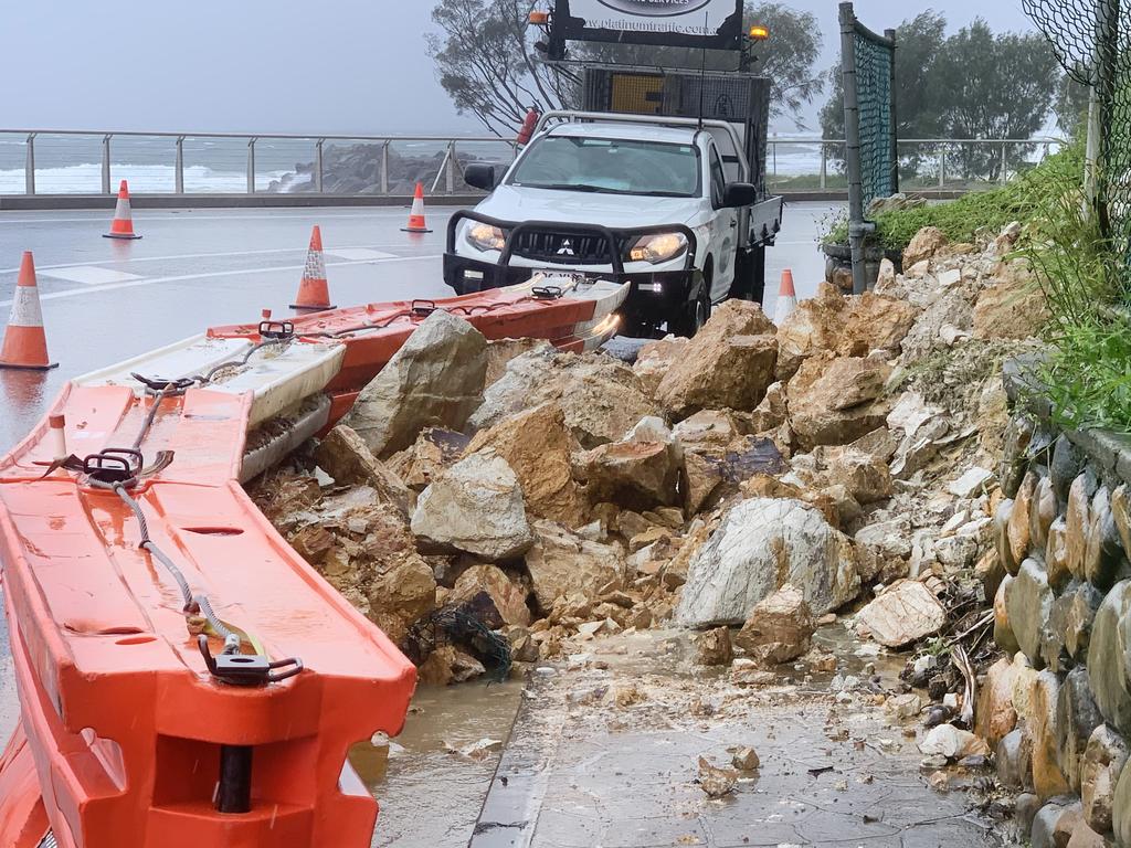 A landslide at Kirra Hill Coolangatta has caused a lane of traffic to be blocked when debris crashed through fencing and onto the road way. NCA NewsWire / Scott Powick