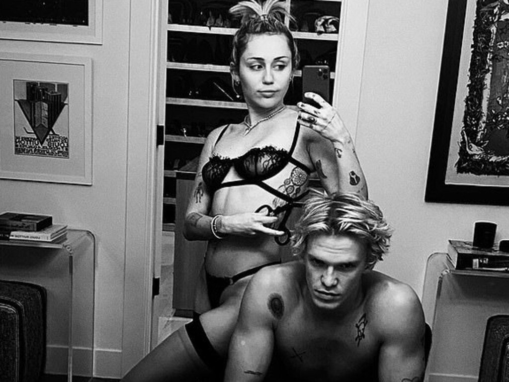 Miley Cyrus gives Cody Simpson a racy haircut in lingerie. Picture: Instagram