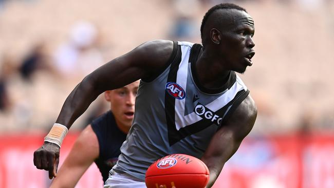 Aliir Aliir hurt his ankle again against the Eagles. Picture: Quinn Rooney/Getty Images