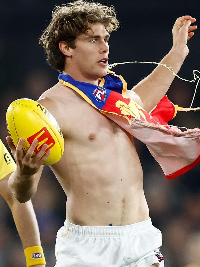 Deven Robertson went viral after having his jumper torn off against Collingwood. Picture: Michael Willson/AFL Photos via Getty Images