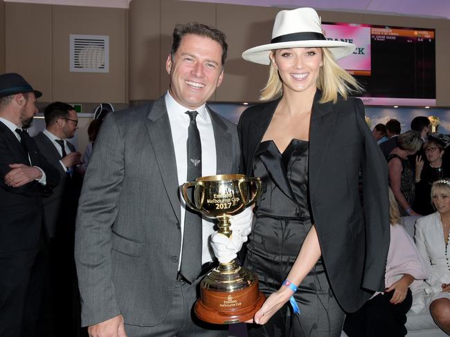 Karl Stefanovic and Jasmine Yarbrough with the Melbourne Cup. Picture: Tracey Nearmy, AAP Image.