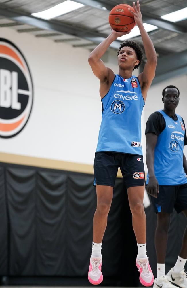 Dash Daniels launches from deep at United practice. Picture: Melbourne United Media