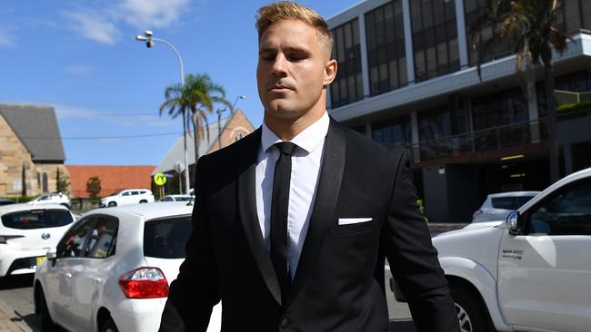 Dragons star Jack de Belin arrives at court in Wollongong. Picture: Joel Carrett