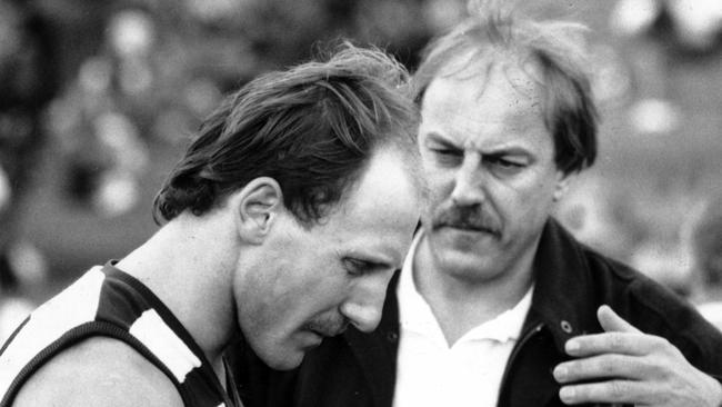 Malcolm Blight talks to Gary Ablett on the field in 1990. Picture: Brett Faulkner