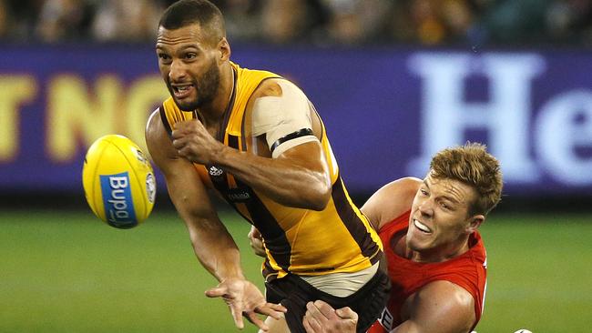 When teams use their running game against Hawthorn, Josh Gibson’s one-on-one game has been exposed. Picture: George Salpigtidis