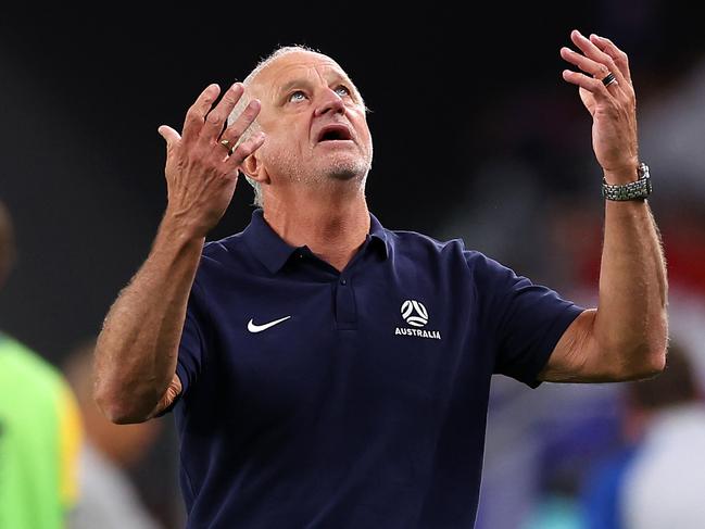 AL WAKRAH, QATAR - FEBRUARY 02: Graham Arnold, Head Coach of Australia reacts during the AFC Asian Cup quarter final match between Australia and South Korea at Al Janoub Stadium on February 02, 2024 in Al Wakrah, Qatar. (Photo by Robert Cianflone/Getty Images)