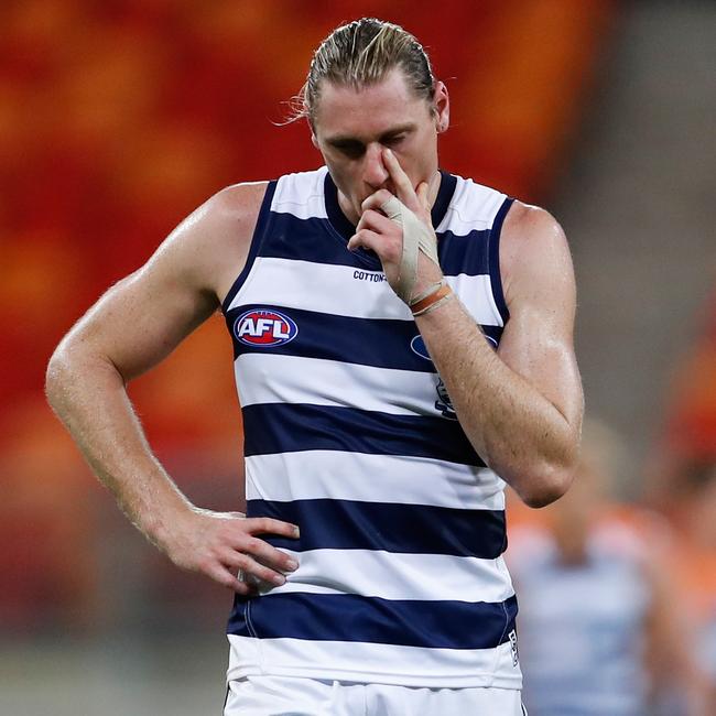 Mark Blicavs of the Cats reacts at full time during the Round 1 AFL match between the GWS Giants and Geelong Cats at Giants Stadium in Sydney, Friday, March 21, 2020. (AAP Image/Brendon Thorne)