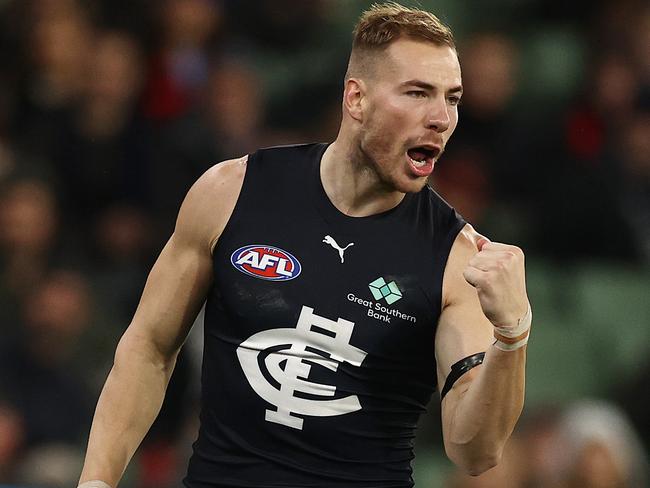 MELBOURNE. 10/06/2022.. AFL Round 13. Essendon vs Carlton at the MCG. Harry McKay of the Blues celebrates a 2nd quarter goal . Photo by Michael Klein