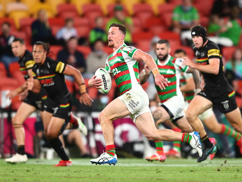 South Sydney star Damien Cook is on track to overcome a quad strain and take on the Roosters. Picture: Chris Hyde/Getty Images