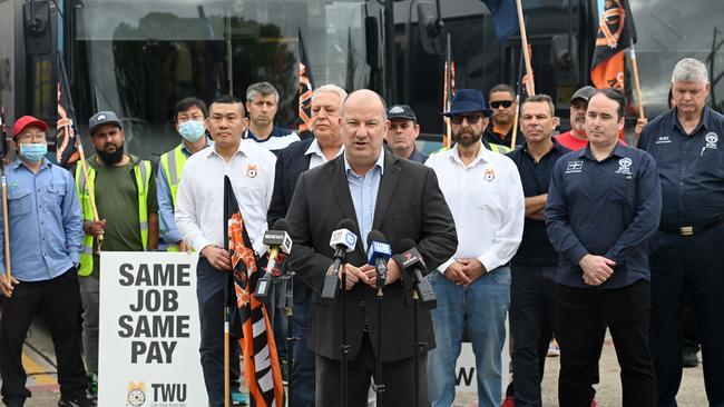 Mark Morey from Union NSW at the Sydney bus drivers picket-line as part of an ongoing workers rights dispute. Picture: NCA NewsWire / Jeremy Piper