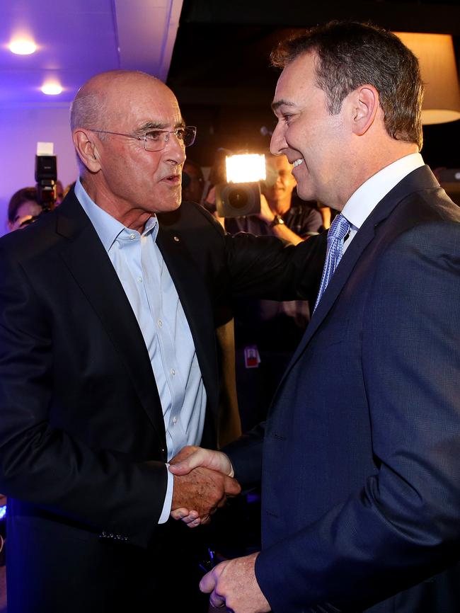 John Olsen congratulates new Steven Marshall after winning the state election. Picture: Calum Robertson