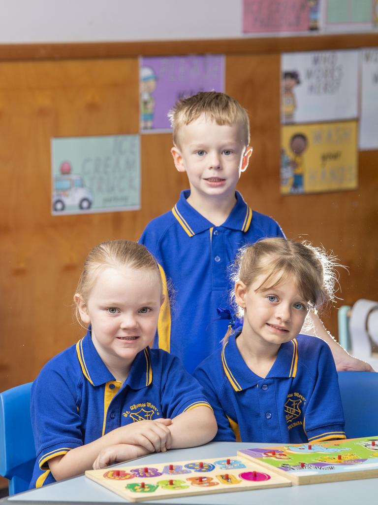 (from left) Kate Olive, Connor Reilly and Audrey Truskinger. First day of school for St Thomas Mores Primary School prep students. Picture: Nev Madsen.