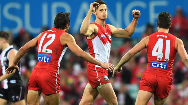 Callum Sinclair celebrates one of his five goals for Sydney. Picture: AAP Images