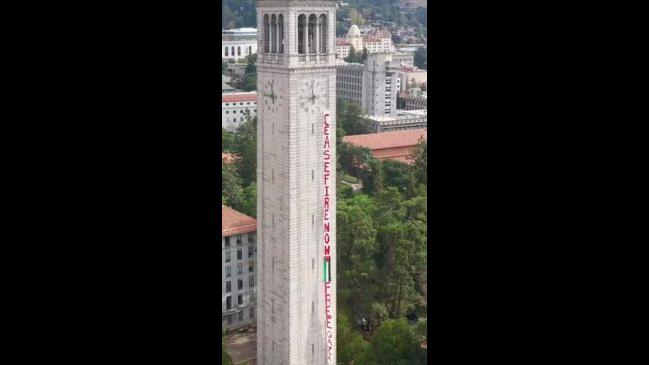 Drone Footage Shows Pro-Ceasefire Banner Unfurling on UC Berkeley’s Bell Tower