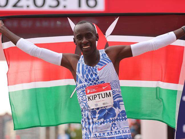 CHICAGO, ILLINOIS - OCTOBER 08: Kelvin Kiptum of Kenya celebrates after winning the 2023 Chicago Marathon professional men's division and setting a world record marathon time of 2:00.35 at Grant Park on October 08, 2023 in Chicago, Illinois. (Photo by Michael Reaves/Getty Images) Men's marathon world record holder, Kelvin Kiptum, 24, has died in a road accident in his home country alongside his coach, Rwanda's Gervais Hakizimana.