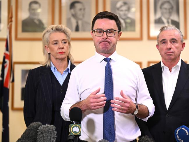 Nationals Leader David Littleproud address the Coalition split flanked by Deputy Leader Kevin Hogan and Senate Leader Bridget McKenzie. Picture: AAP Image/Lukas Coch