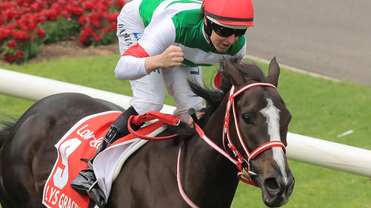 Damian Lane pumps his fist after winning the Cox Plate aboard Lys Gracieux in 2019. Picture: Getty Images