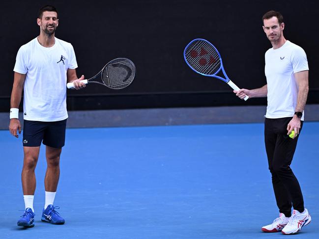 Novak Djokovic and coach Andy Murray in Melbourne. Picture: AFP