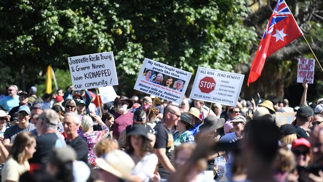 People gather in August for a large protest to rally for freedom of speech, movement, choice, assembly, and health in Brisbane. Picture: NCA NewsWire / Dan Peled