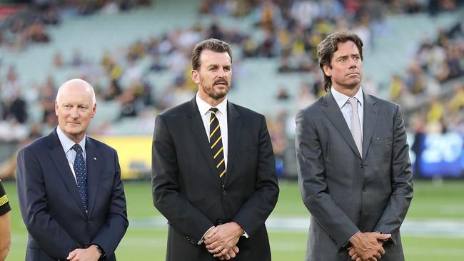 (L-R) Richard Goyder, Brendon Gale and Gillon McLachlan. Picture: Michael Klein