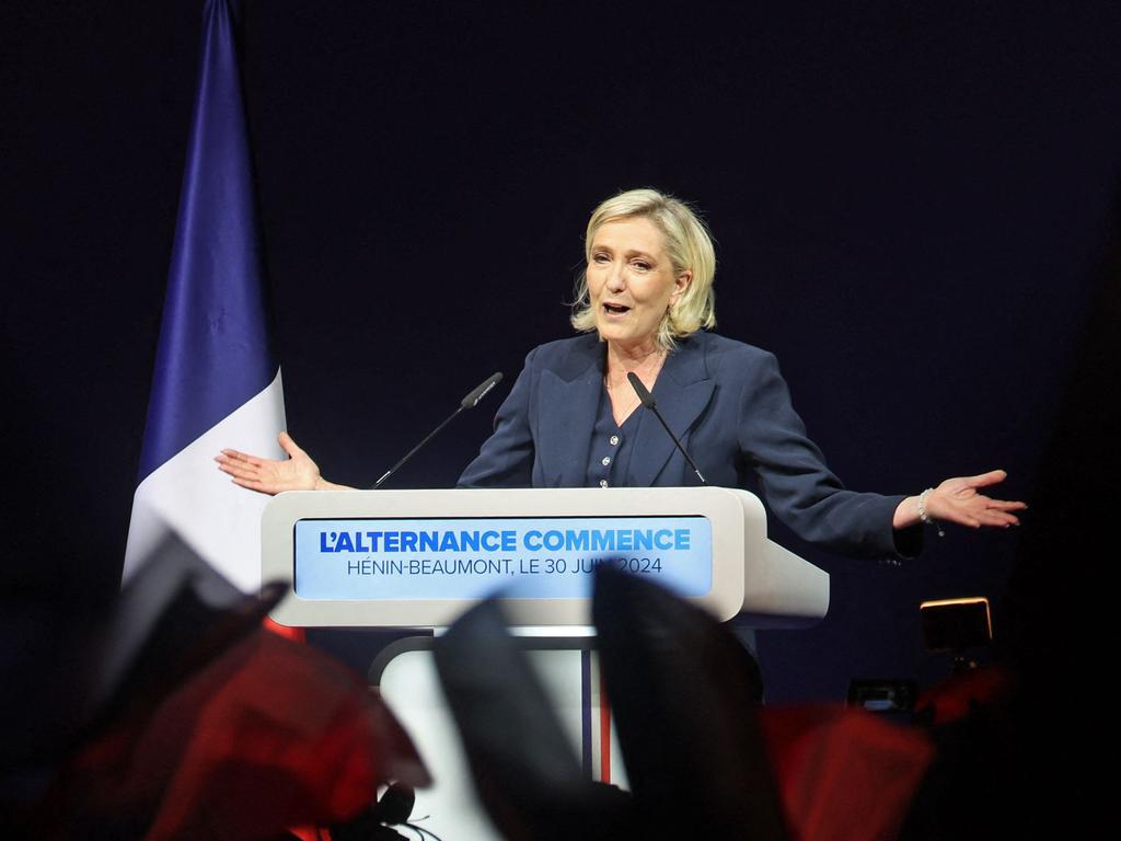 Marine Le Pen gives a speech after the first round of the parliamentary elections. Picture: AFP