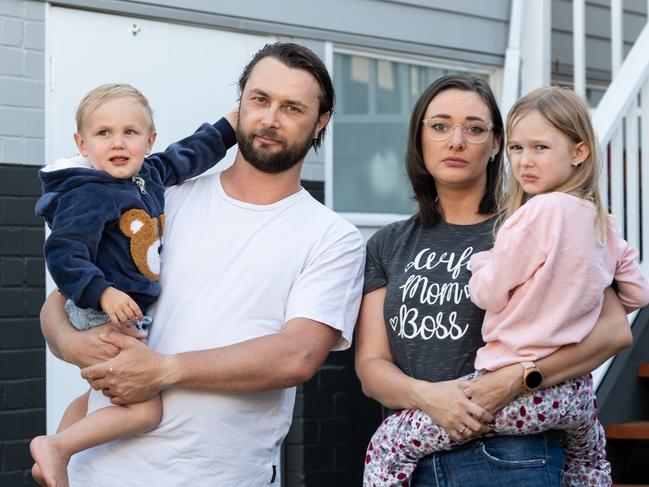 Queensland family Ivan Aul with his wife, Krystal and their children Neriyah 5 and Lula 2 pose for a photo in Ryde on Wednesday, October 6 2021. The Queensland family are unable to return home due to lockdown.Picture / Monique Harmer