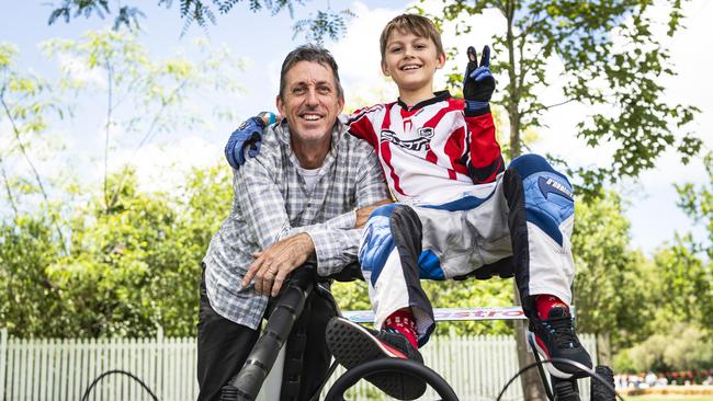 Racer James Cannon with dad Neil Cannon at the Greenmount Billy Kart Challenge, Saturday, November 23, 2024. Picture: Kevin Farmer