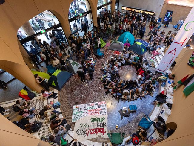 Pro-Palestinian protesters occupy a building at the University of Melbourne. Picture: Jason Edwards