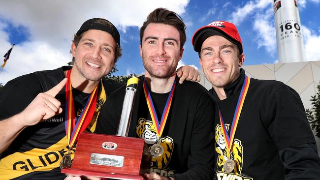 24.9.2019.SANFL Premiers Glenelg chimney unveiling at West End Brewery, Port rd, Hindmarsh.Matthew Snook,Jack Oatey Medal,Liam McBean,Ken Farmer Medal and Luke Partington,Magarey Medal.   PIC TAIT SCHMAAL.