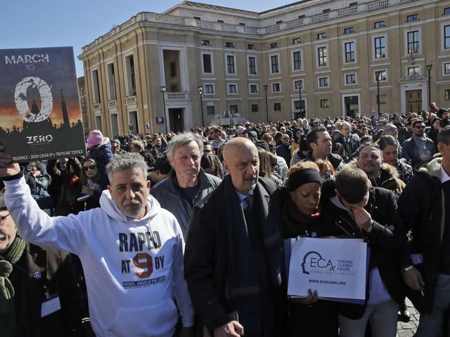 Sex abuse survivors and members of ECA (Ending Clergy Abuse) outside St Peter's Square at the Vatican on Sunday. Picture: AP Photo/Alessandra Tarantino