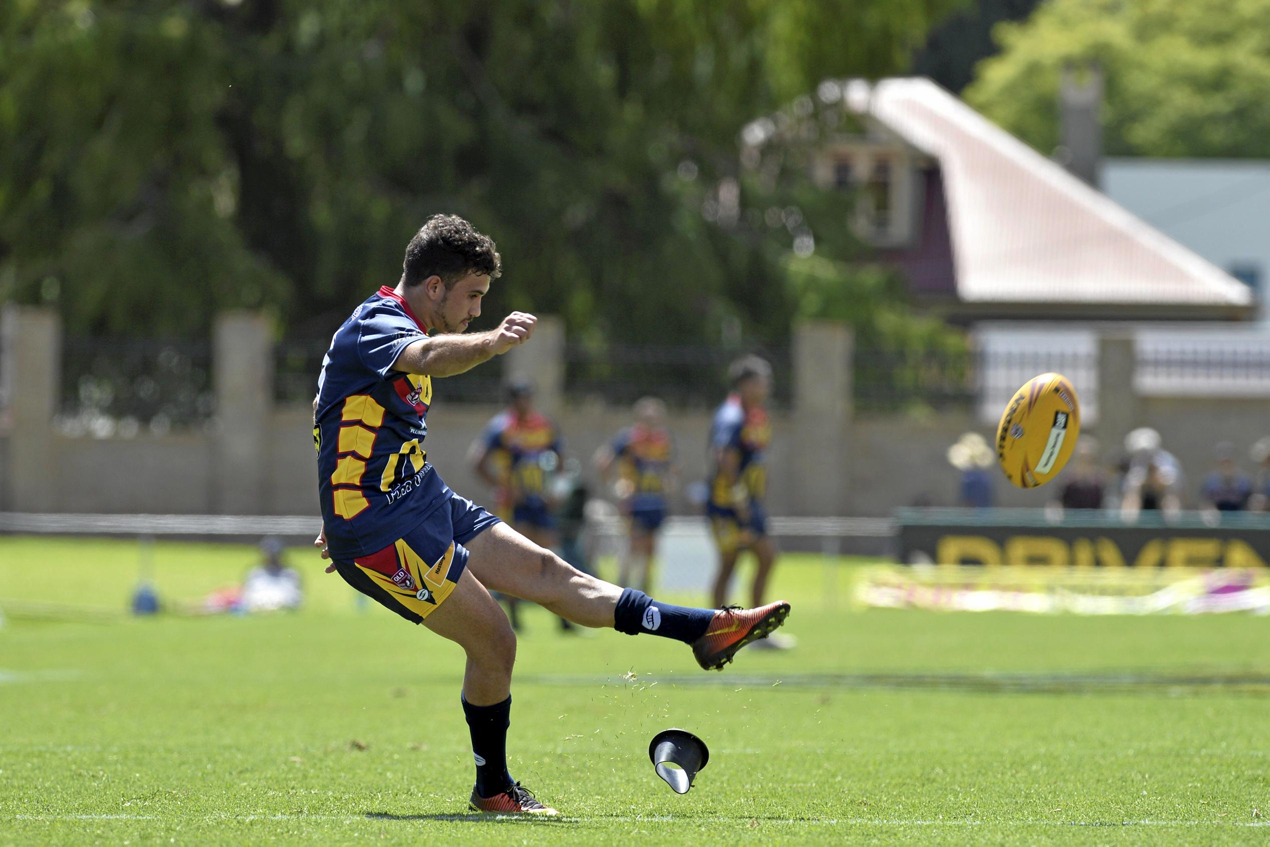 Wally Pegler converts for Western Mustangs against Ipswich Jets in round 3 Colts under 20 rugby league at Clive Berghofer Stadium, Sunday, March 25, 2018. Picture: Kevin Farmer