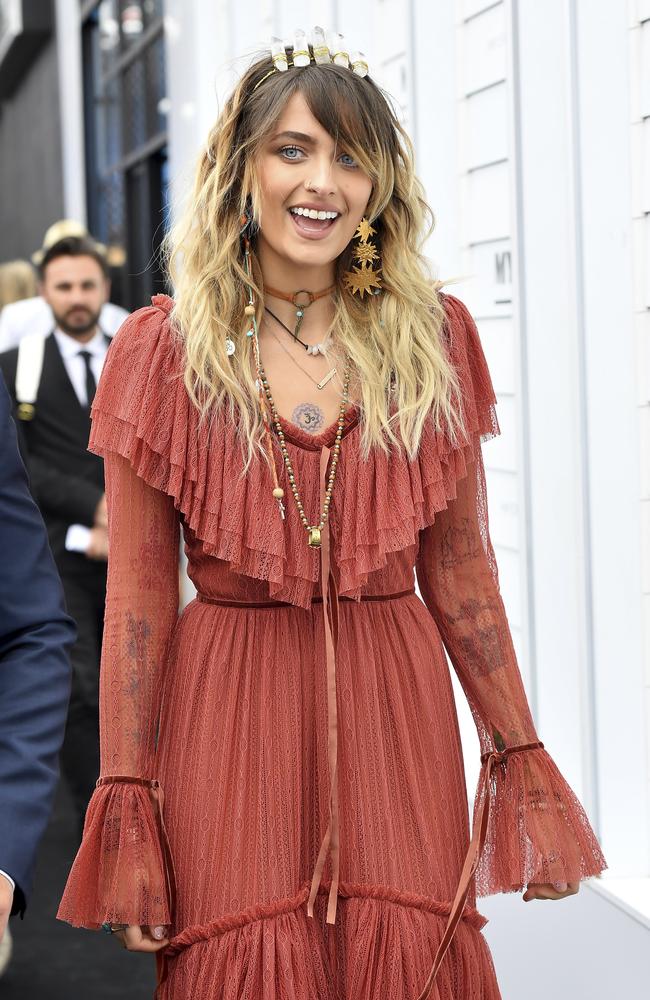 Paris Jackson, model and daughter of the late Michael Jackson, arrives before the race of the Melbourne Cup at Flemington. Picture: Andy Brownbill/AP