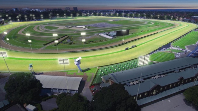 Artist impression of Royal Randwick Racecourse under lights.